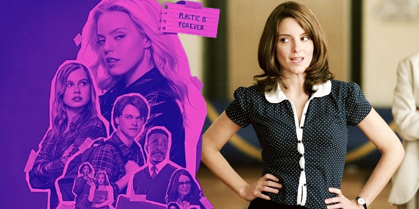 Stills of the cast of the musical Mean Girls and Tina Fey from the first movie.