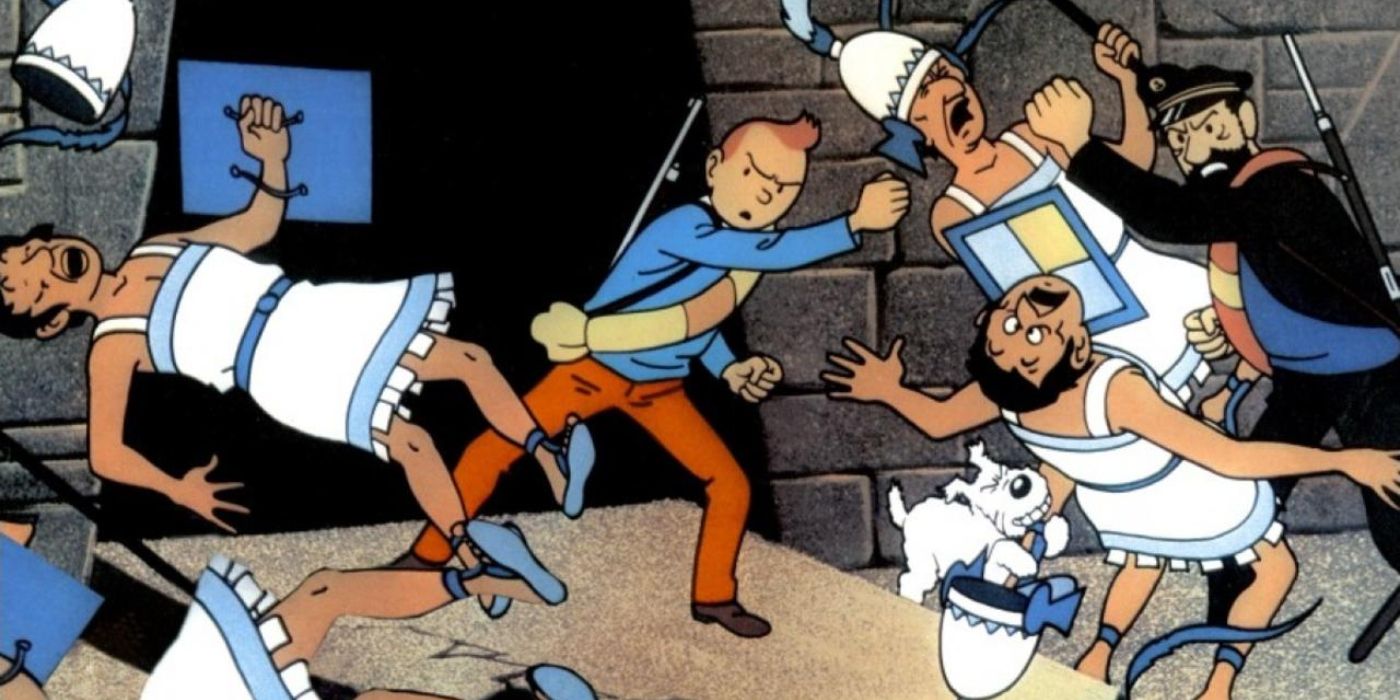 Tintin emerges from a temple, knocking down an army of guards