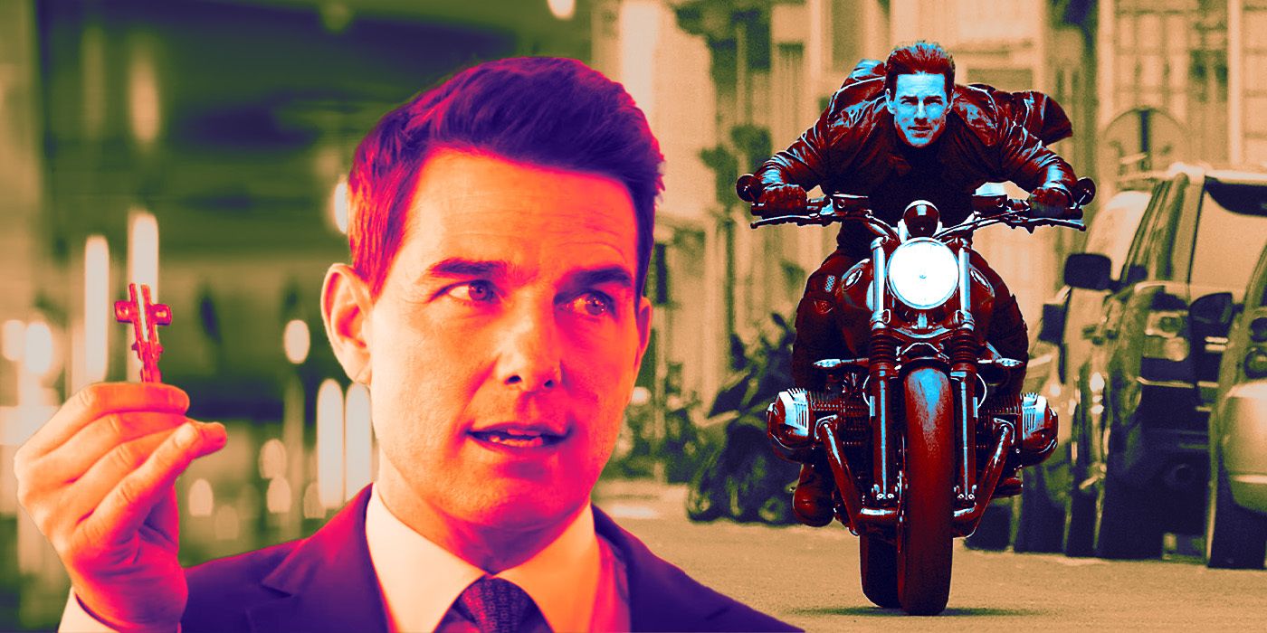Tom Cruise holding a key shaped like a cross and riding a motorcycle in Mission: Impossible