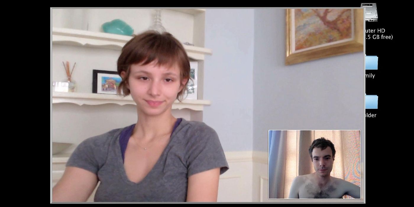 A screenlife image of a young woman on a video call with a shirtless man