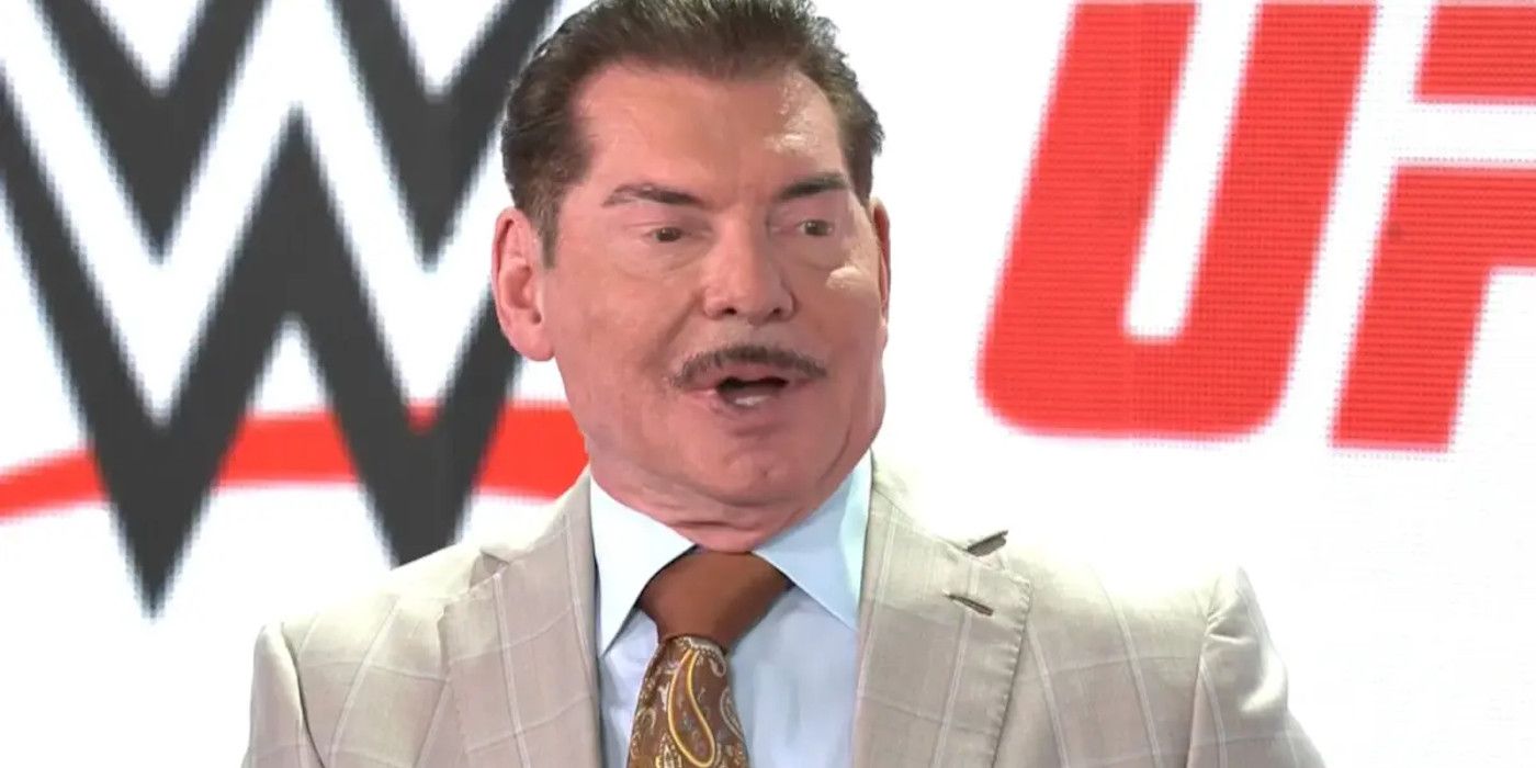 Vince McMahon at a press conference for the WWE/UFC merger.