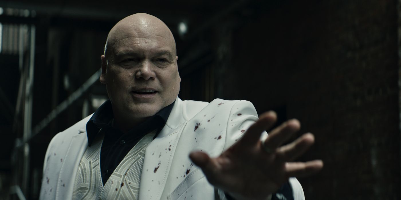 Vincent D'Onofrio in a white suit with blood on his jacket as Kingpin in Echo