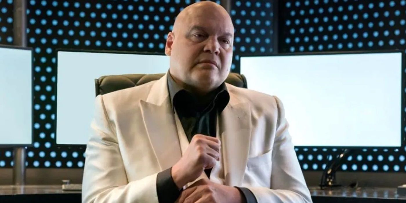 Vincent D'Onofrio as Kingpin fixing his shirt cuffs while sitting in a large chair