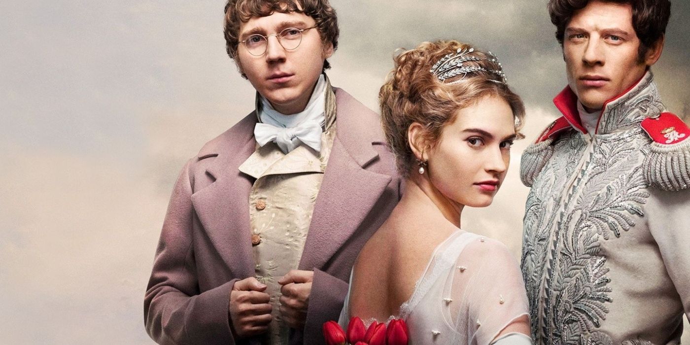 Lily James, Paul Dano, and James Norton pose for the poster of the War and Peace miniseries