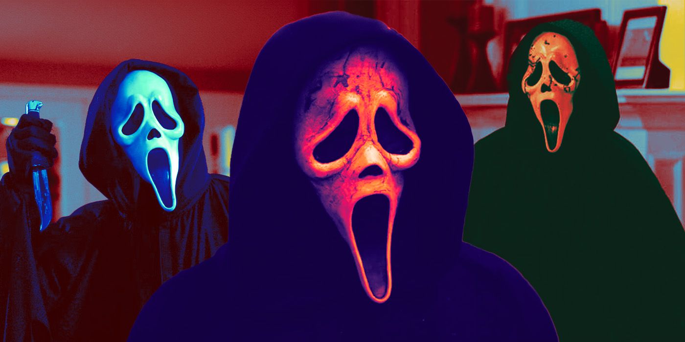 An edited image featuring three different images of Ghostface from the Scream franchise