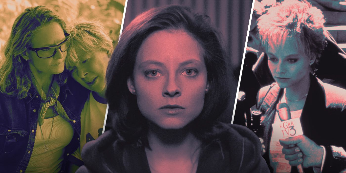 Jodie foster in movie stills from Nyad, The silence of the lambs and the accused