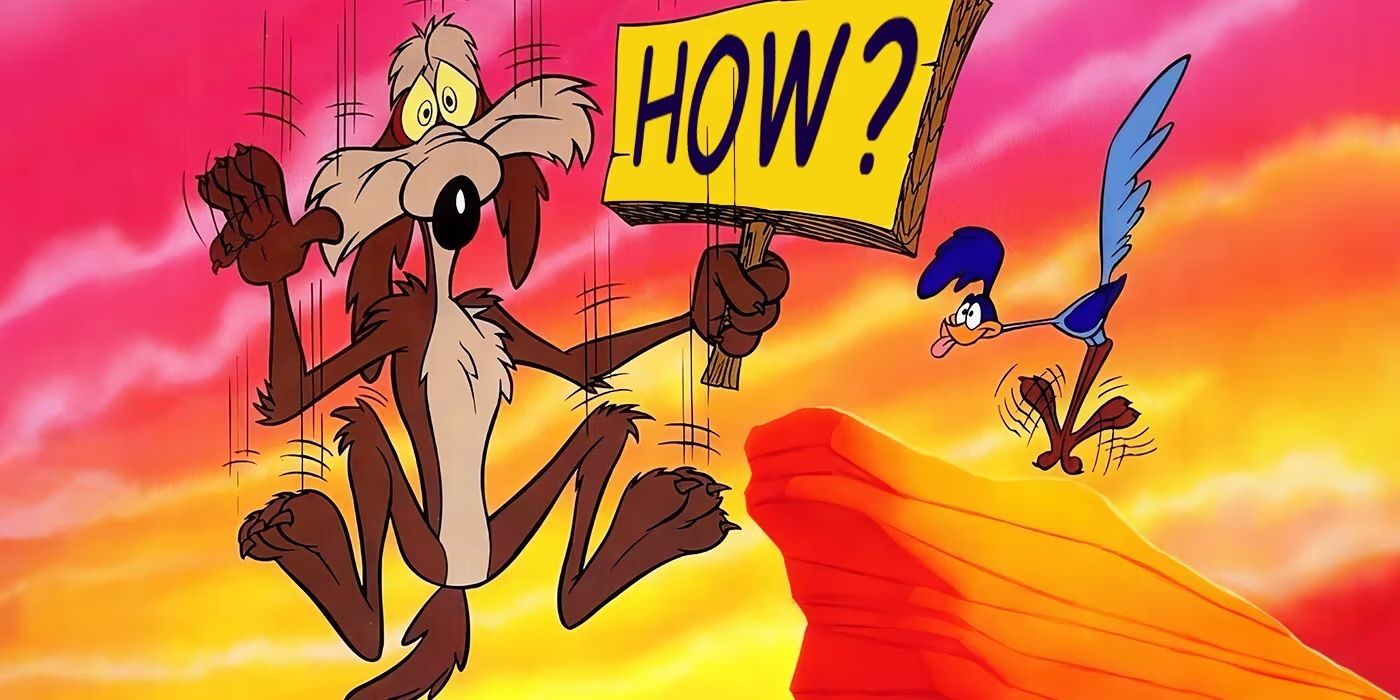 Wile E Coyote holding a sign reading How and Roadrunner from Looney Tunes