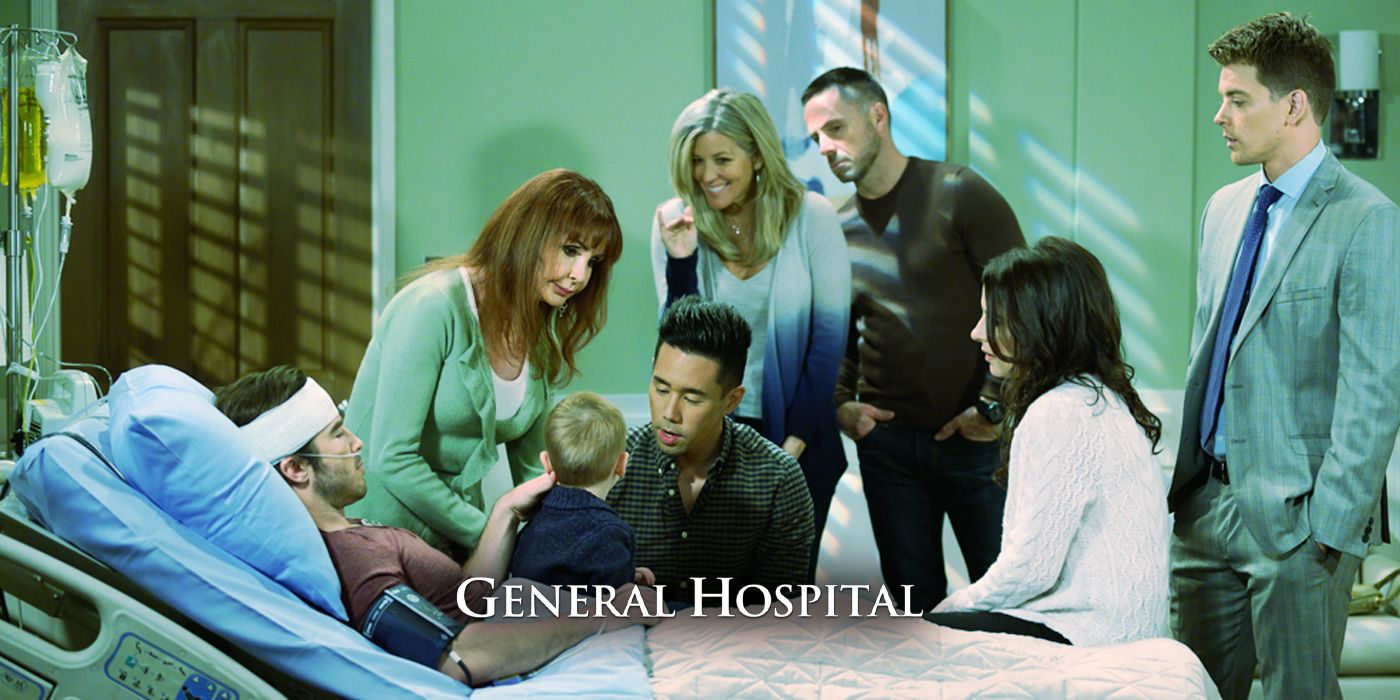 Parry Shen as Brad, Laura Wright as Carly, Genie Francis as Laura, and other supporting characters in General Hospital