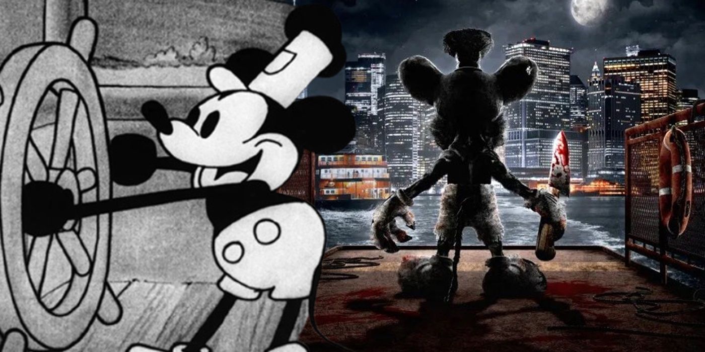 Mickey Mouse in Steamboat Willie alongside a still from the new horror movie.