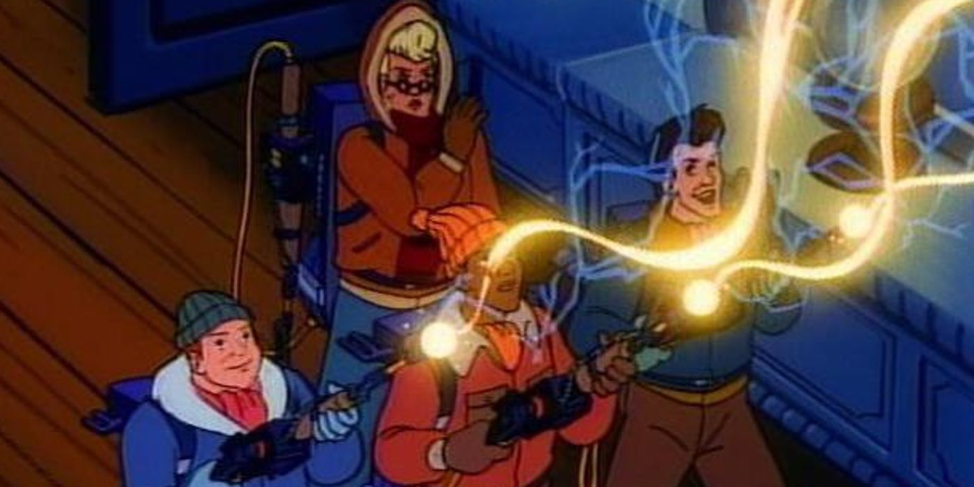The team fires proton packs in The Real Ghostbusters