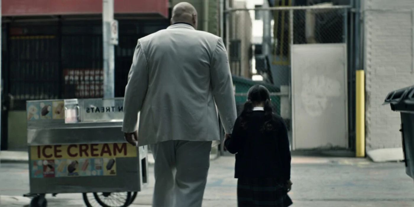 Vincent D'Onofrio as Kingpin, wearing a white suit walking with a young Maya in Echo
