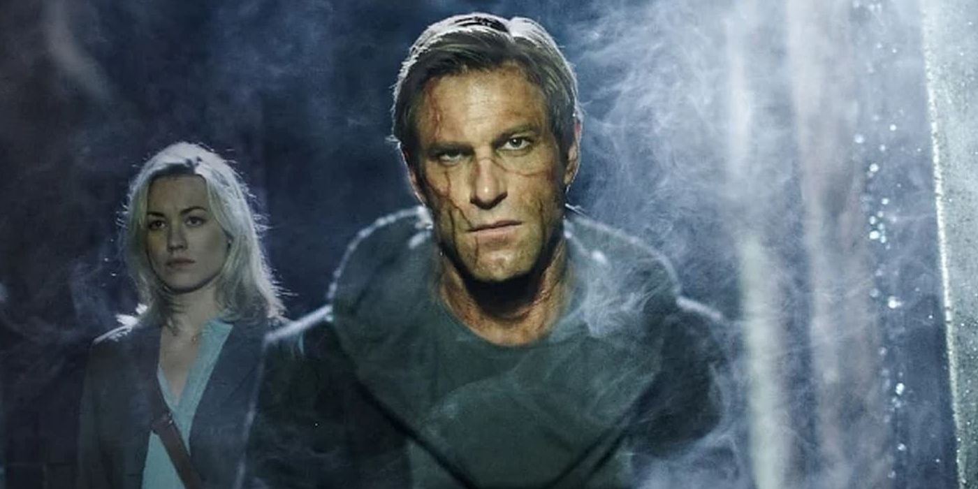 Yvonne Strahovski as Terra Wade and Aaron Eckhart as Adam Frankenstein and in I, Frankenstein