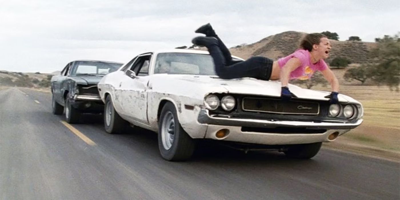 Zoe Bell hangs on to the hood of a 71 Dodge Challenger in Death Proof, Dimension Films