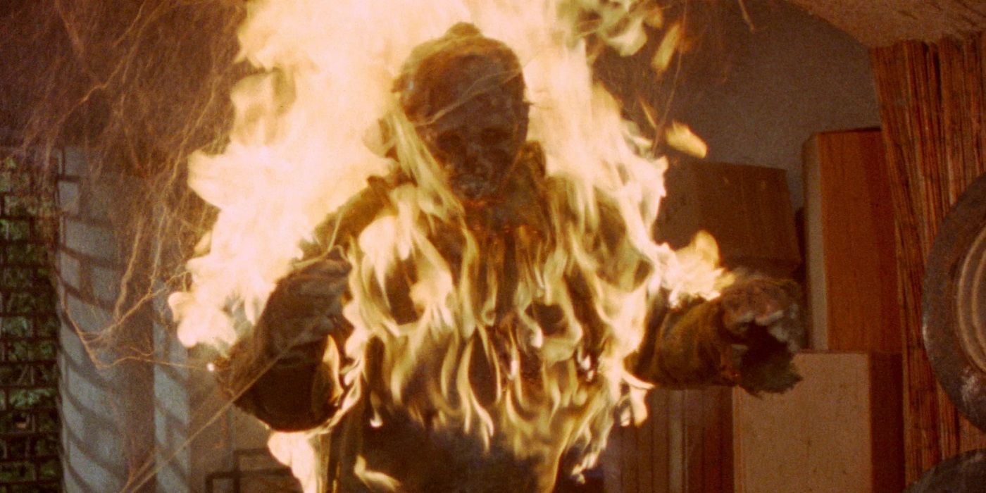 A burning member of the undead in the Italian horror movie Burial Ground