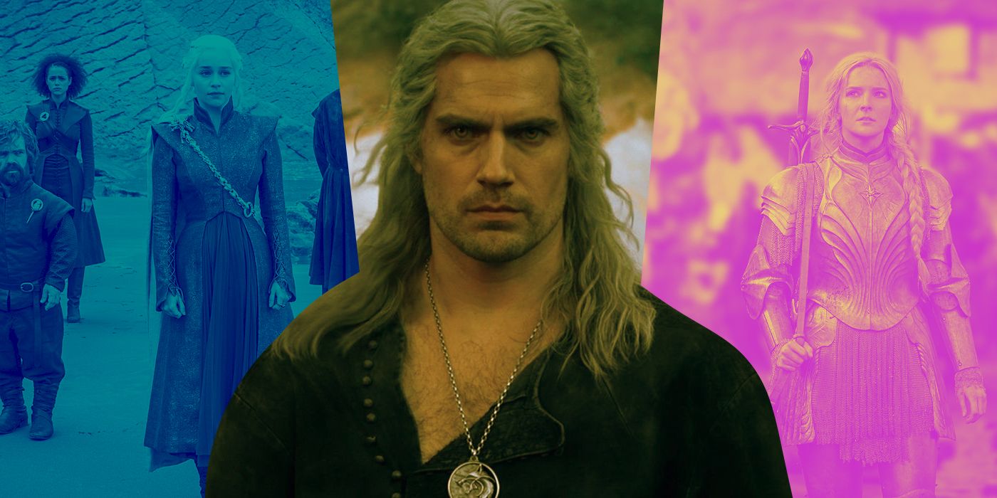 An edited image of Game of Thrones, The Witcher, and The Rings of Power