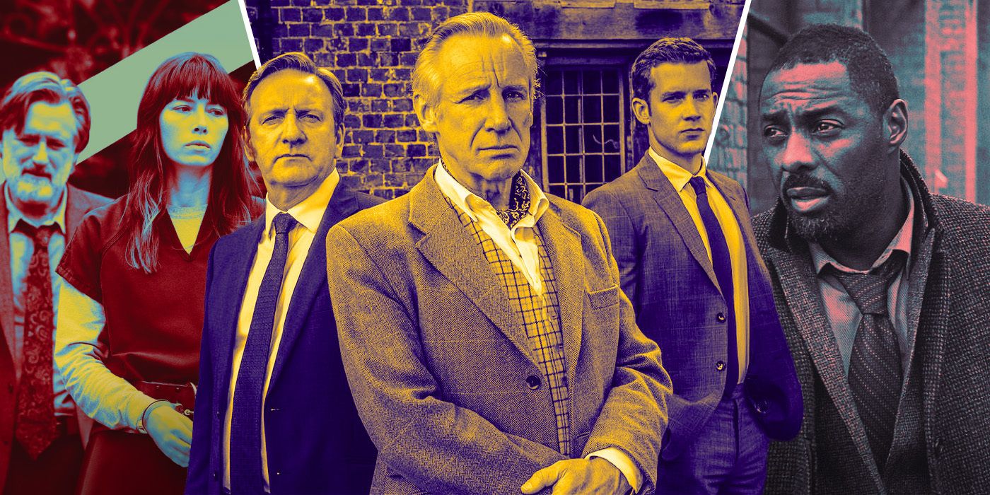 Detective Harry Ambrose escorts Jessica Biel, who's in handcuffs and a jail jumpsuit, Neil Dudgeon and Nick Hendrix in Midsomer Murders, Simon Baker as Patrick Jane in The Mentalist, and Idris Elba in Luther wearing a suit and a winter jacket.