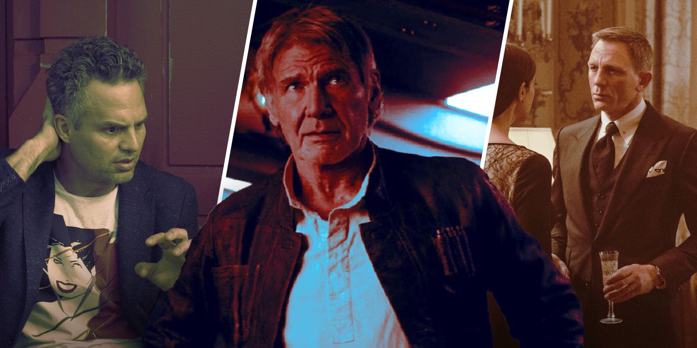 Mark Ruffalo as Bruce Banner in Thor: Ragnarok, Harrison Ford as Han Solo in Star Wars: The Force Awakens, and Daniel Craig as James Bond in Spectre.