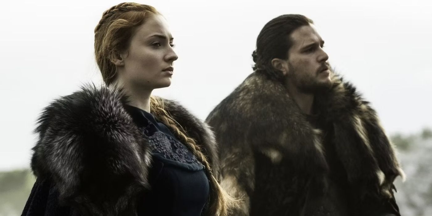 Sophie Turner as Sansa Stark and Hit Harington as Jon Snow in Game of Thrones
