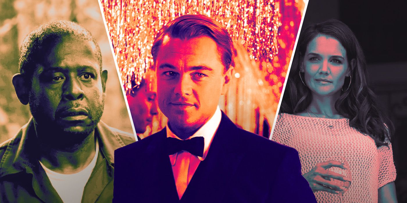 An edited image of Forest Whitaker in Repentance, Leonardo DiCaprio in The Great Gatsby, and Katie Holmes in Logan Lucky