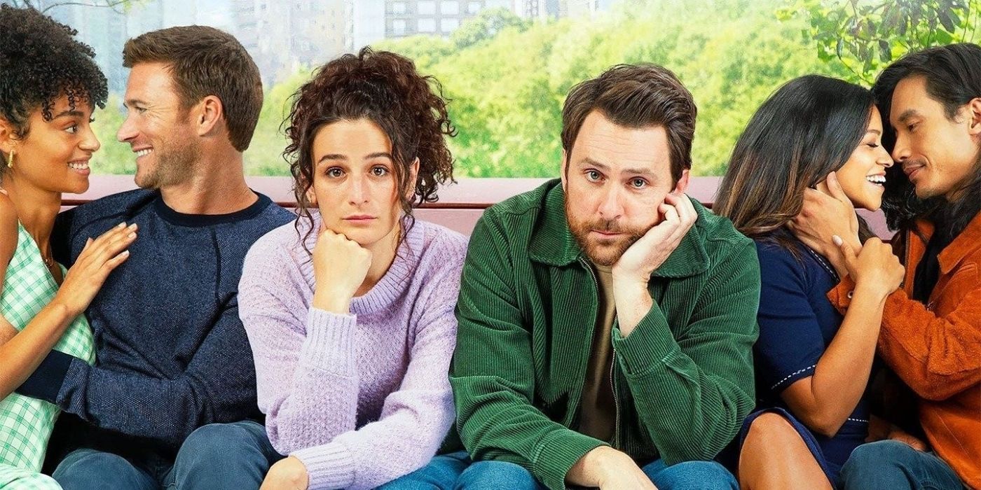 Charlie Day as Peter and Jenny Slate as Emma surrounded by couples embracing in I Want You Back