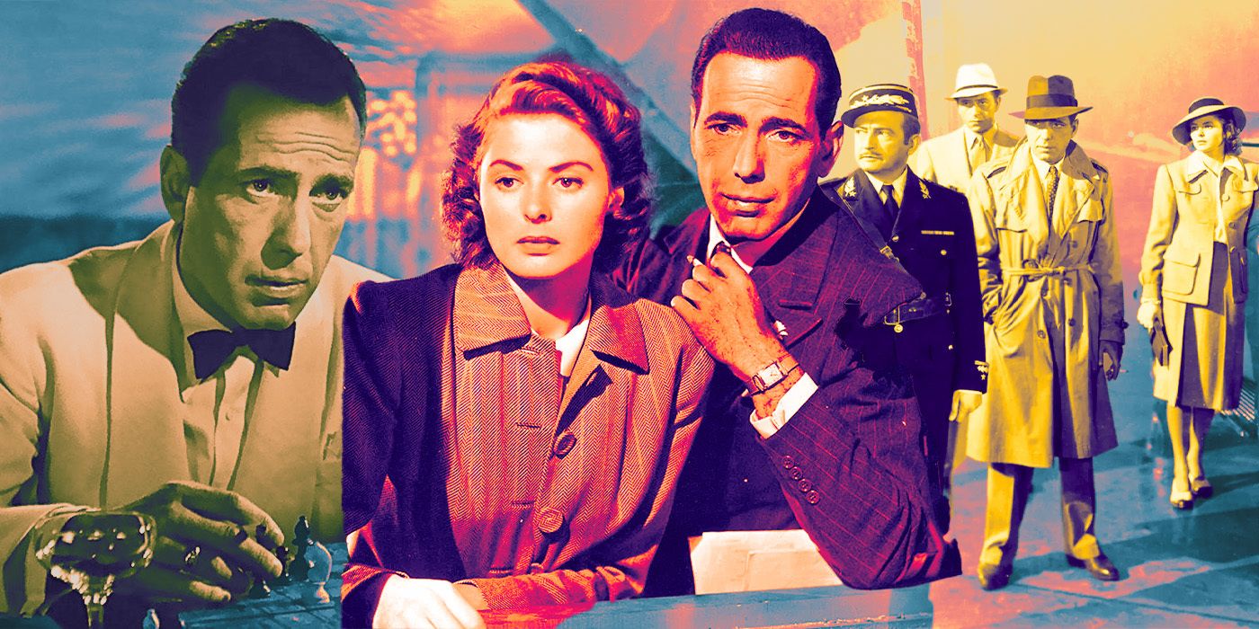 Humphrey Bogart as Rick Blaine wearing a nice suit and tie, with Ingrid Bergman as Ilsa Lund in Casablanca