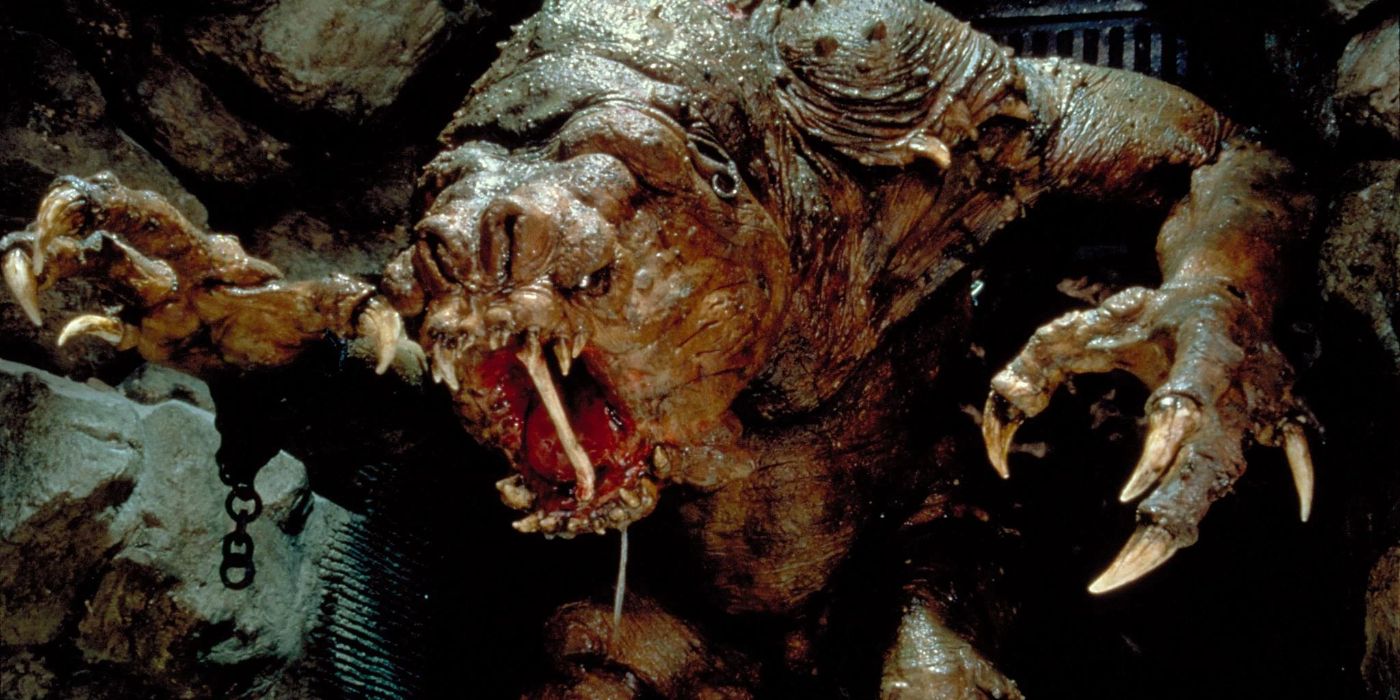 A Rancor Struggling With a Bone in its Mouth in Star Wars Return of the Jedi