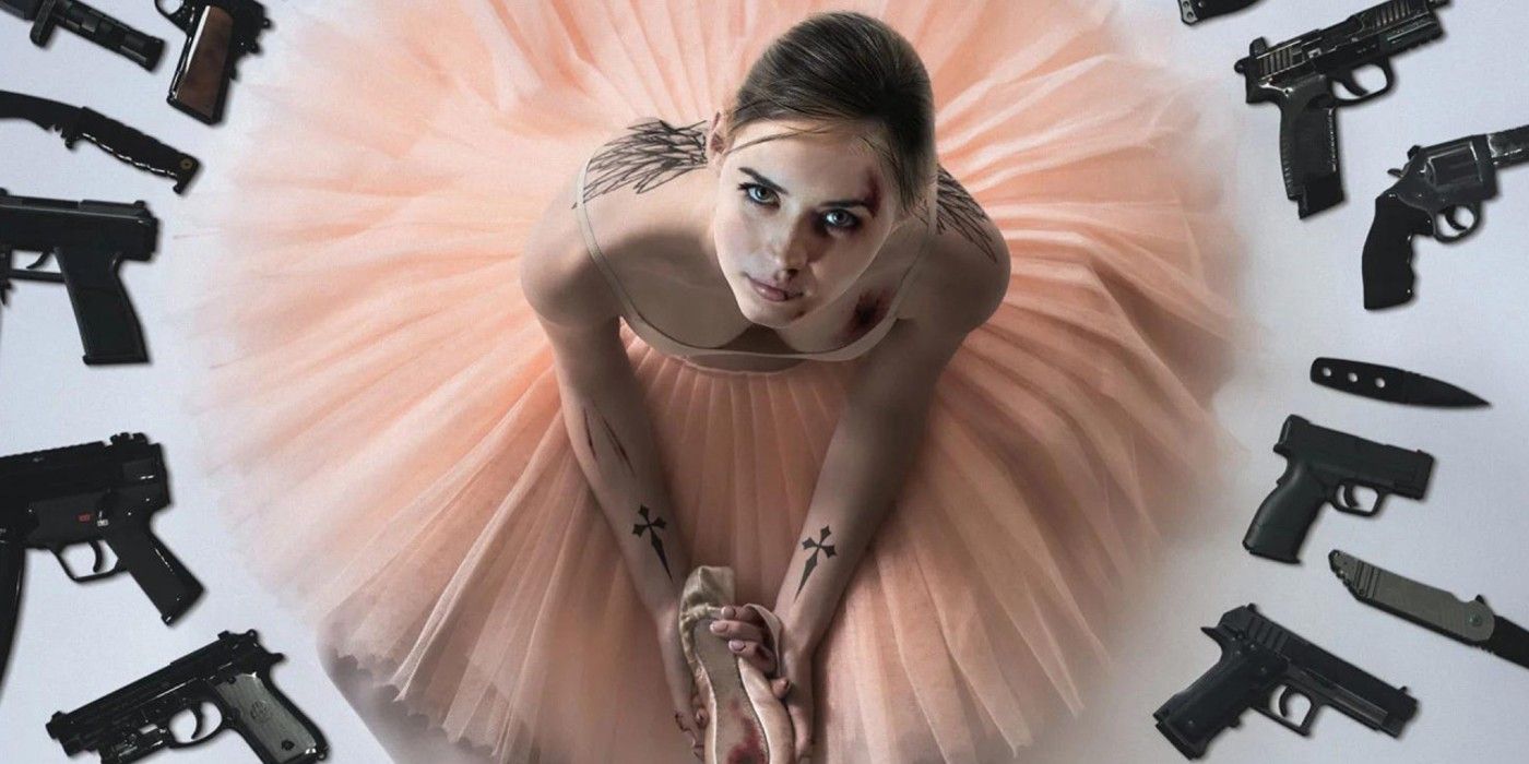 Ana de Armas surrounded by guns and knives in movie poster for Ballerina (2024)