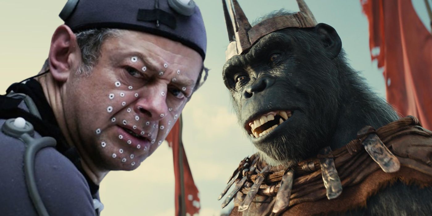 Andy Serkis in a motion capture suit alongside still from Kingdom of the Planet of the Apes.
