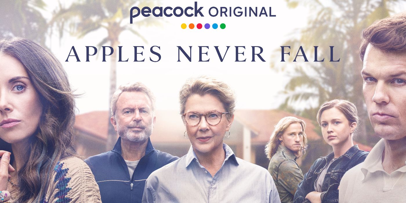Apples Never Fall castmembers Alison Brie, Annette Bening, Sam Neill, and Jake Lacey stand outside a home