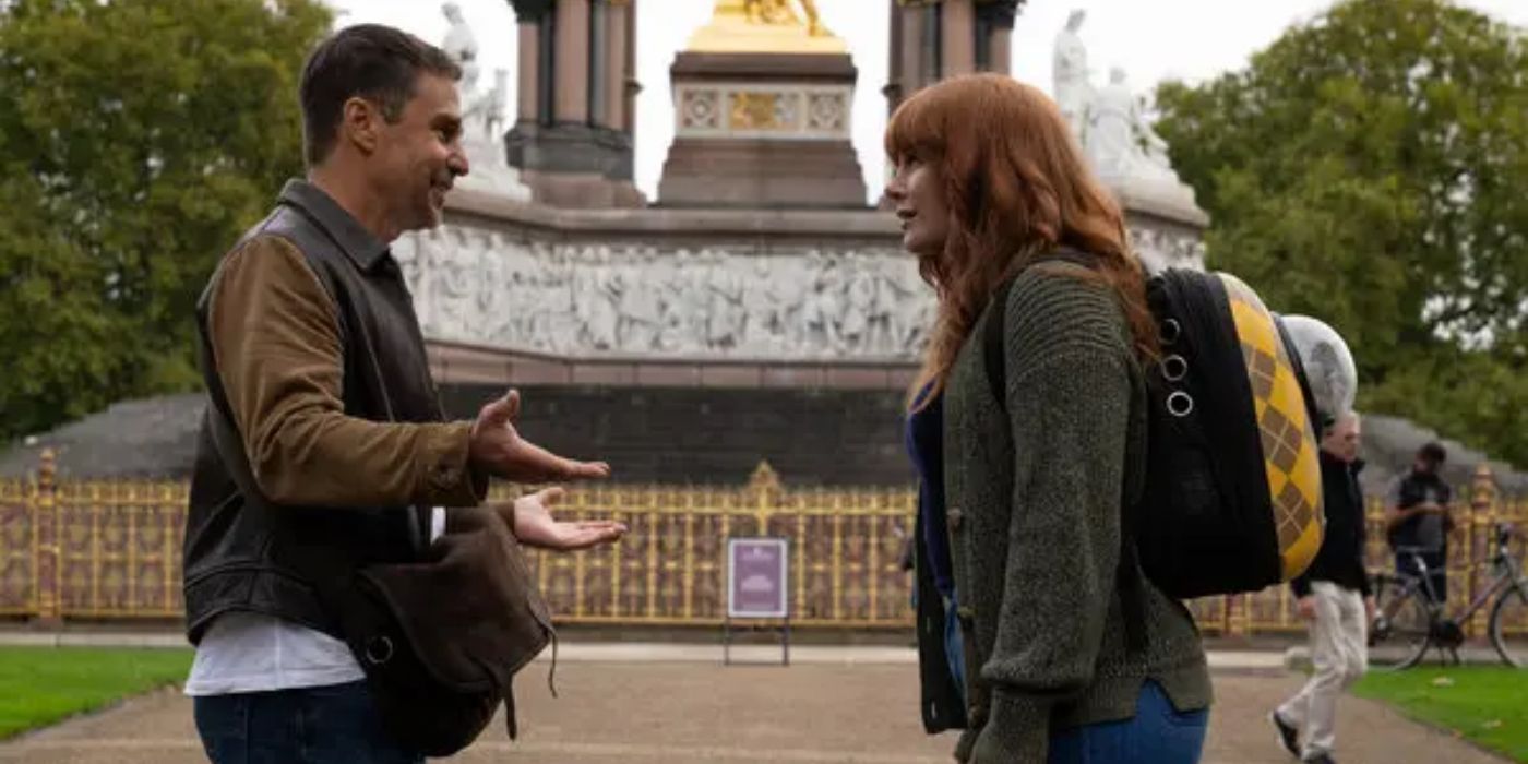 Sam Rockwell as Aidan talking to Bryce Dallas Howard as Elly at Prince Albert Square in Argylle