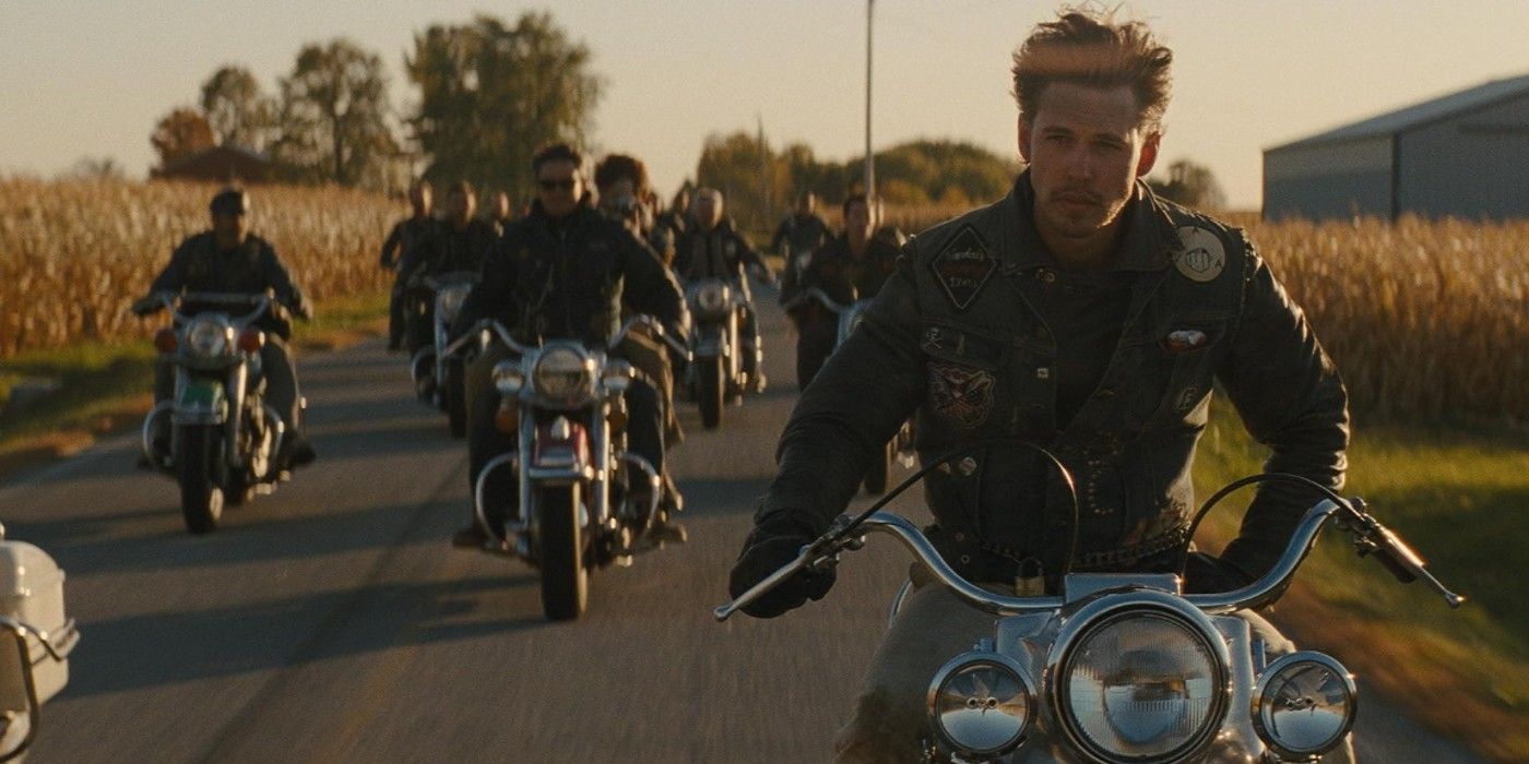 Austin Butler rides motorcycle in front of other bikers in The Bikeriders (2024)