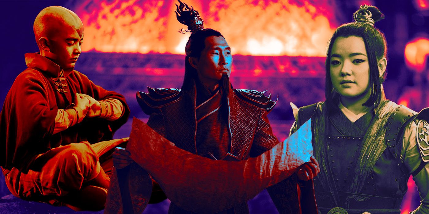 Uma imagem editada de Gordon Cormier como Aang, Daniel Dae Kim como Ozai e Elizabeth Yu como Azula em Avatar: The Last Airbender