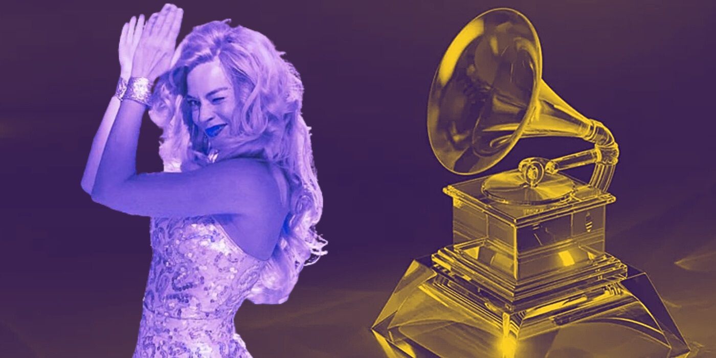 Margot Robbie dancing in Barbie alongside a Grammy Award.