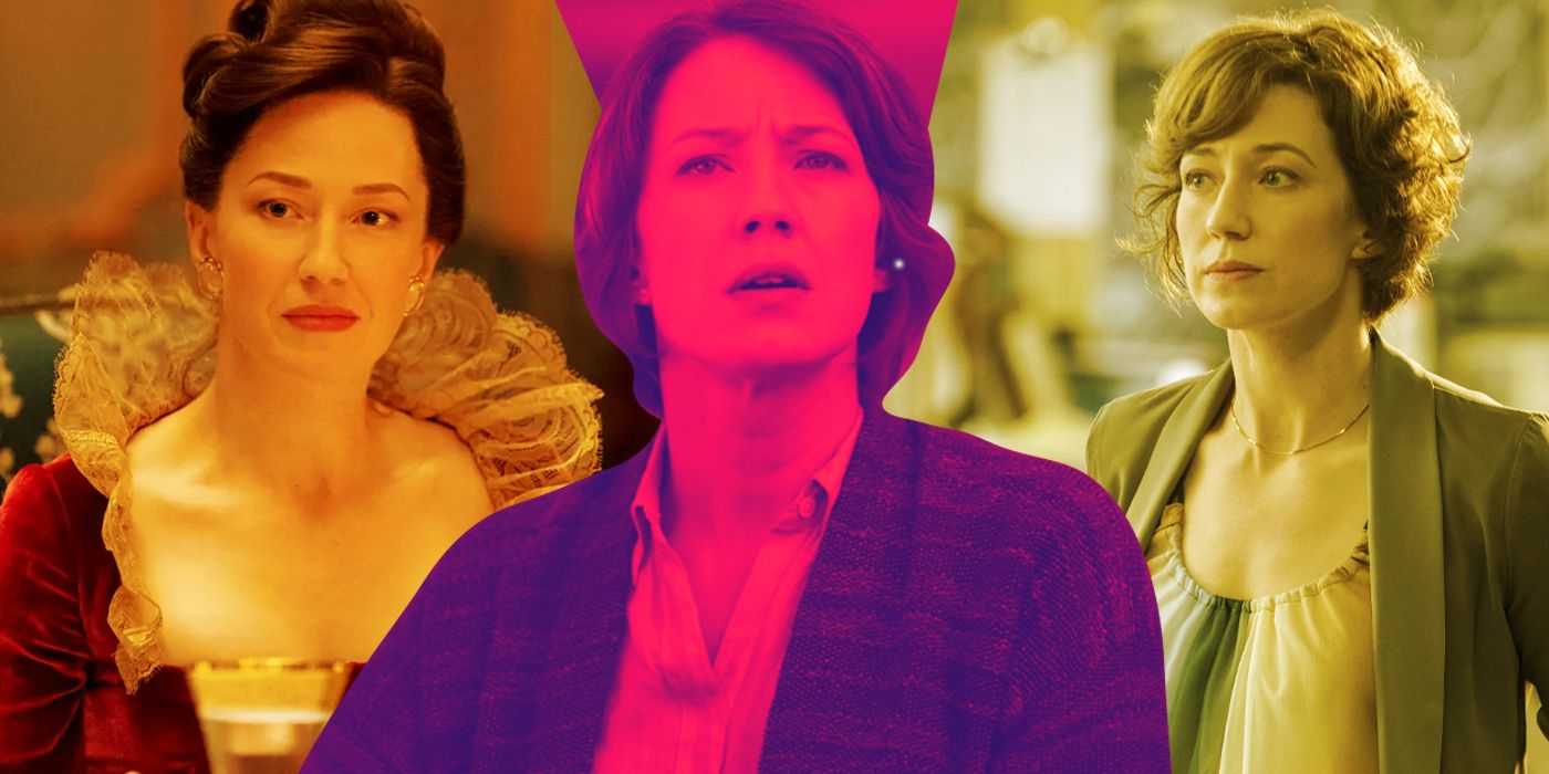 An edited image of Carrie Coon in The Gilded Age, The Leftovers, and The Sinner