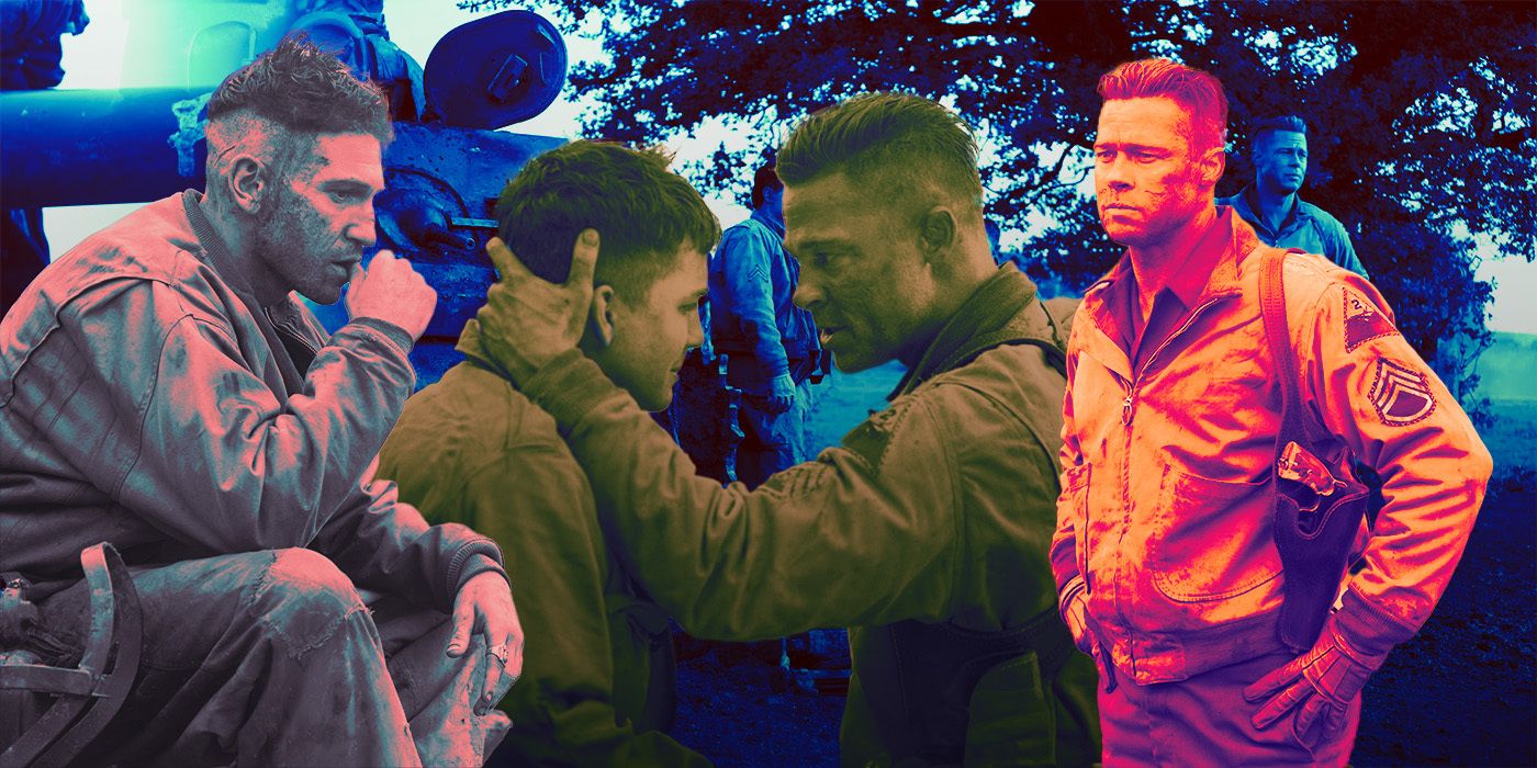 Bradd Pitt as Wardaddy, Logan Lerman as Norman, and Jon Bernthal as Grady as WWII solidiers in Fury