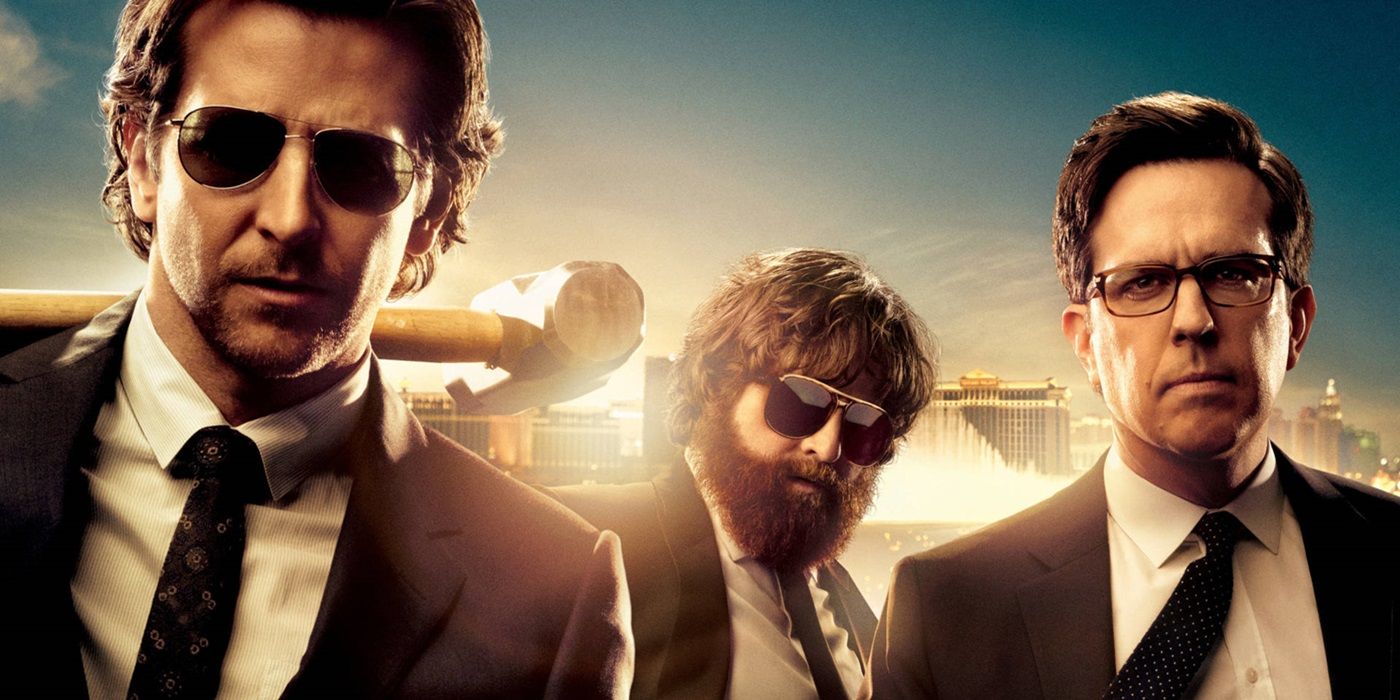 The main trio of The Hangover in suits and shades.