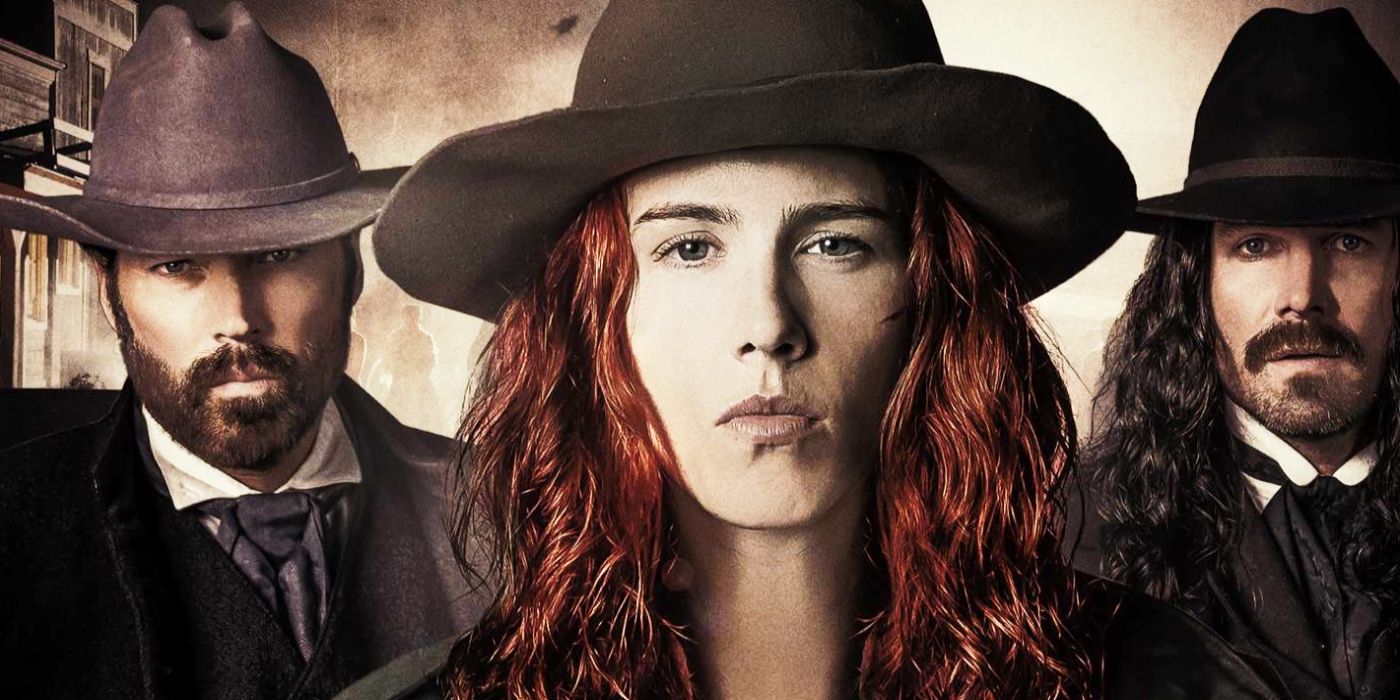Emily Bett Rickards as Calamity Jane with Tim Rozon as Mason and Stephen Amell as Wild Bill in Calamity Jane