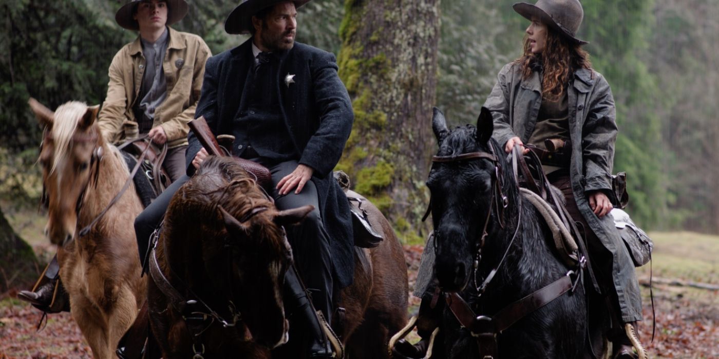 Emily Bett Rickards as Calamity Jane riding a horse with Stephen Amell as Wild Bill in Calamity Jane