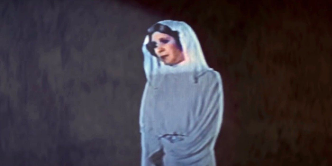 Carrie Fisher as Princess Leia during hologram message to Obi-Wan Kenobi in Star Wars (1977)