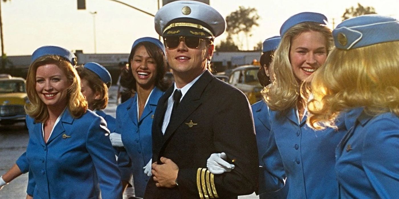 leonardo dicaprio poses as a pilot while stewardesses surround him in the film catch me if you can
