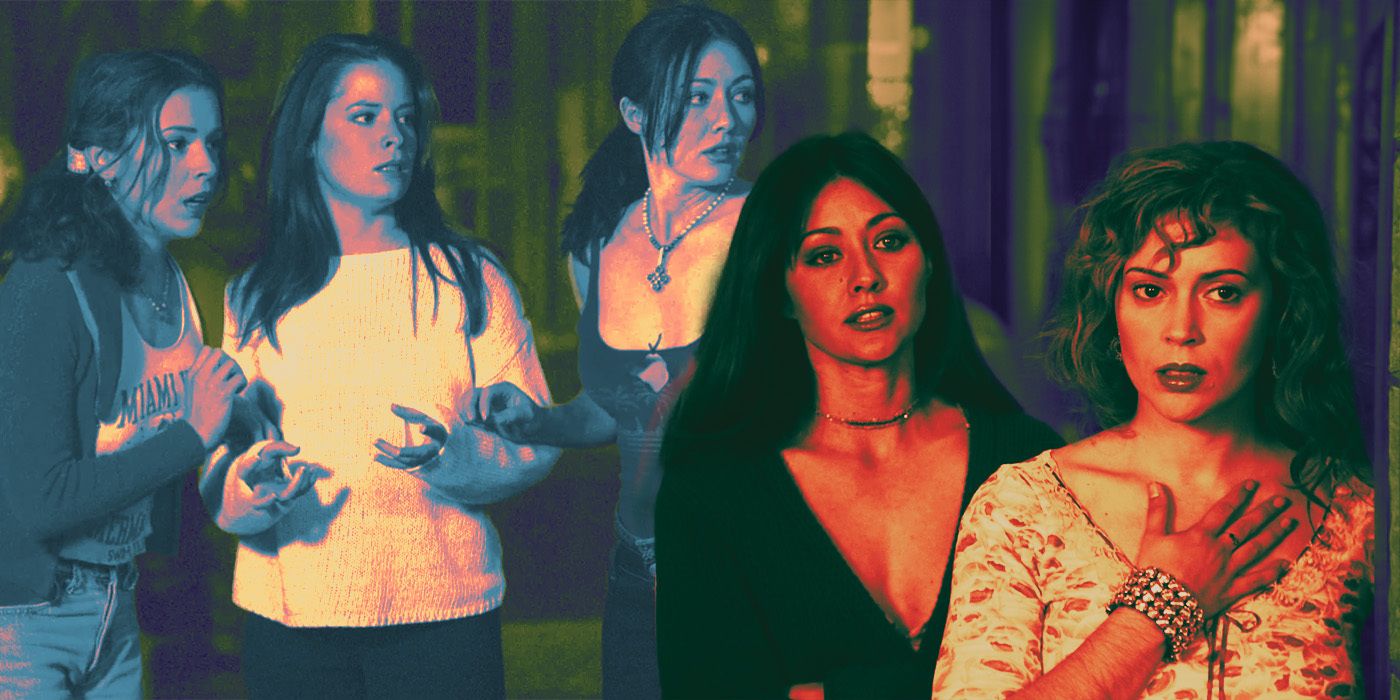 Rose McGowan, Alyssa Milano, Shannen Doherty, and Holly Marie Combs stand together as the cast of Charmed