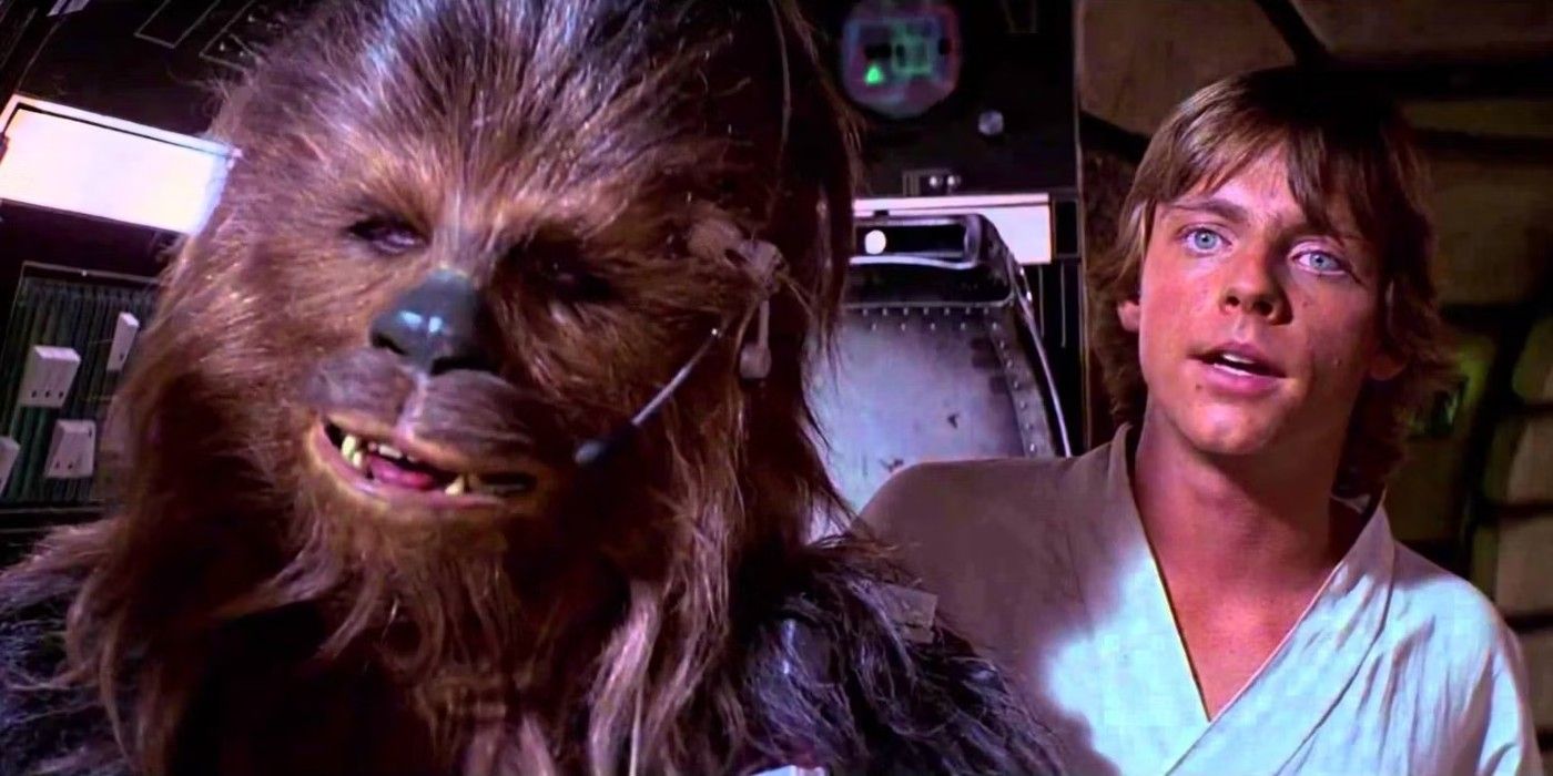 Chewbacca and Mark Hamill as Luke Skywalker onboard Millennium Falcon in Star Wars (1977)