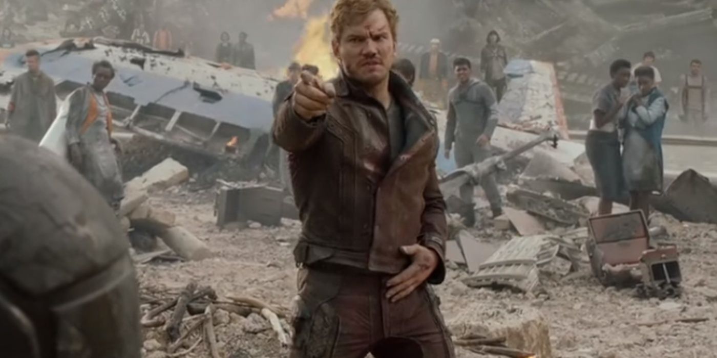 Chris Pratt's Peter Quill dancing and pointing in Guardians of the Galaxy