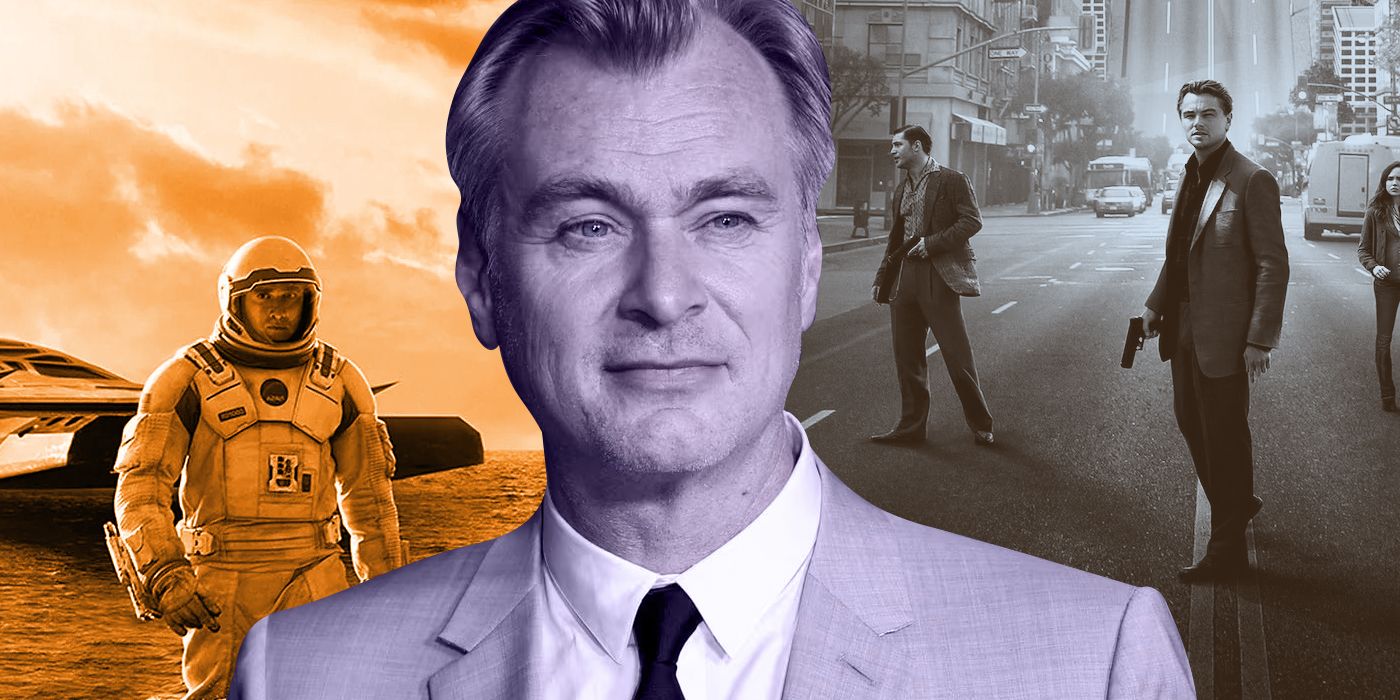 An edited image of Christopher Nolan laid over Interstellar and Inception