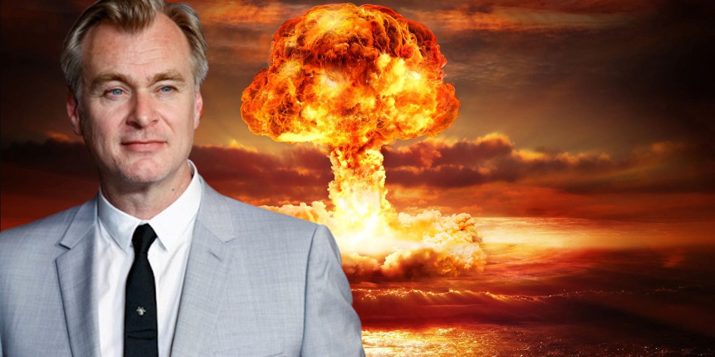 Christopher Nolan imposed over an atomic bomb blast from Oppenheimer