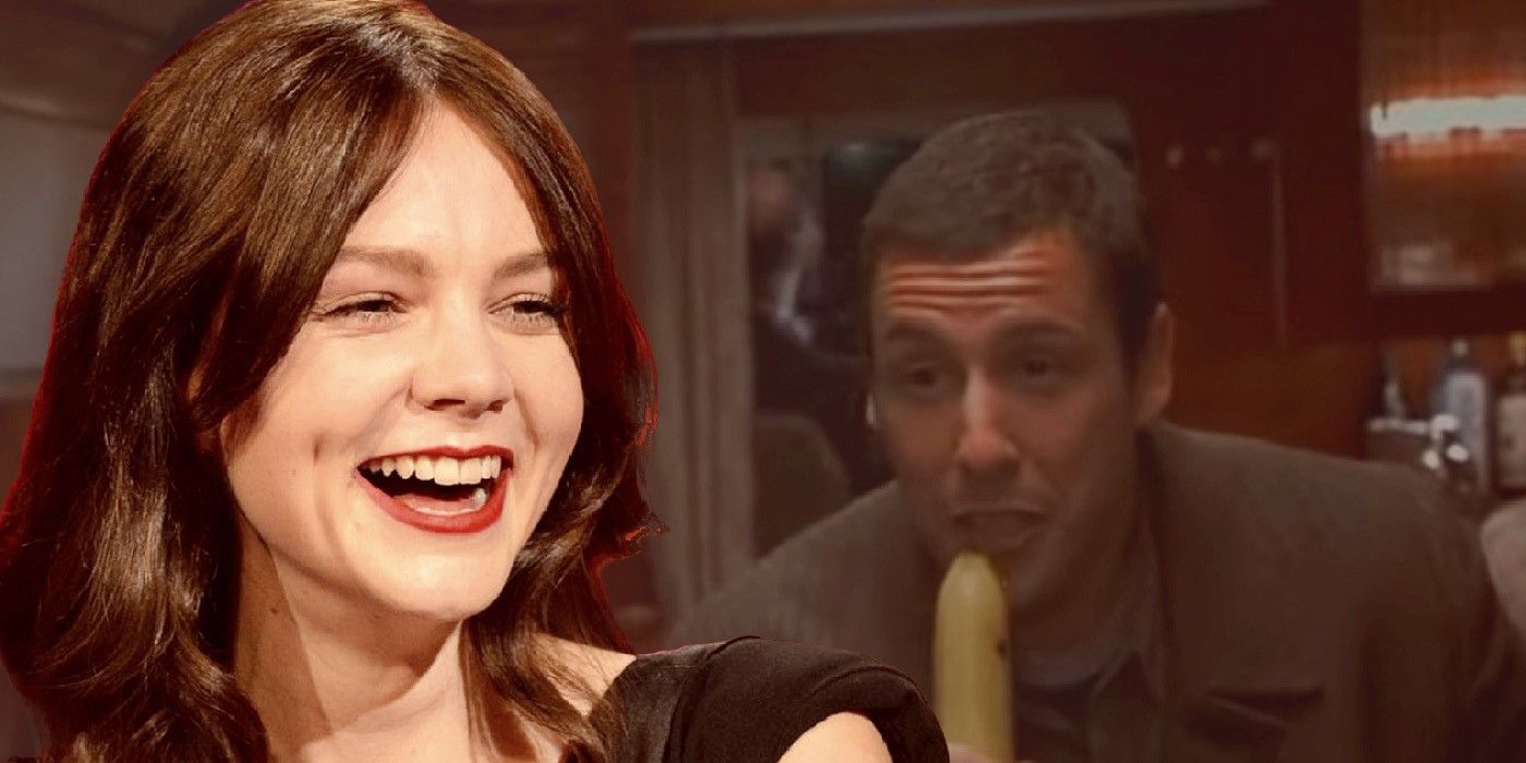 Composit of Carey Mulligan laughing with Adam Sandler's Mr Deeds singing with a banana