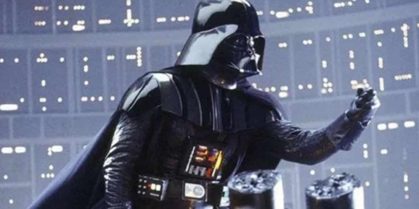 David Prowse in an all black costume as Darth Vader in The Empire Strikes Back