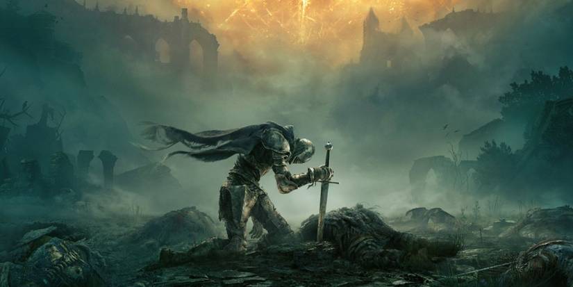 A knight holding a sword in the ground with a glowing light behind him in the distance in a poster for Elden Ring