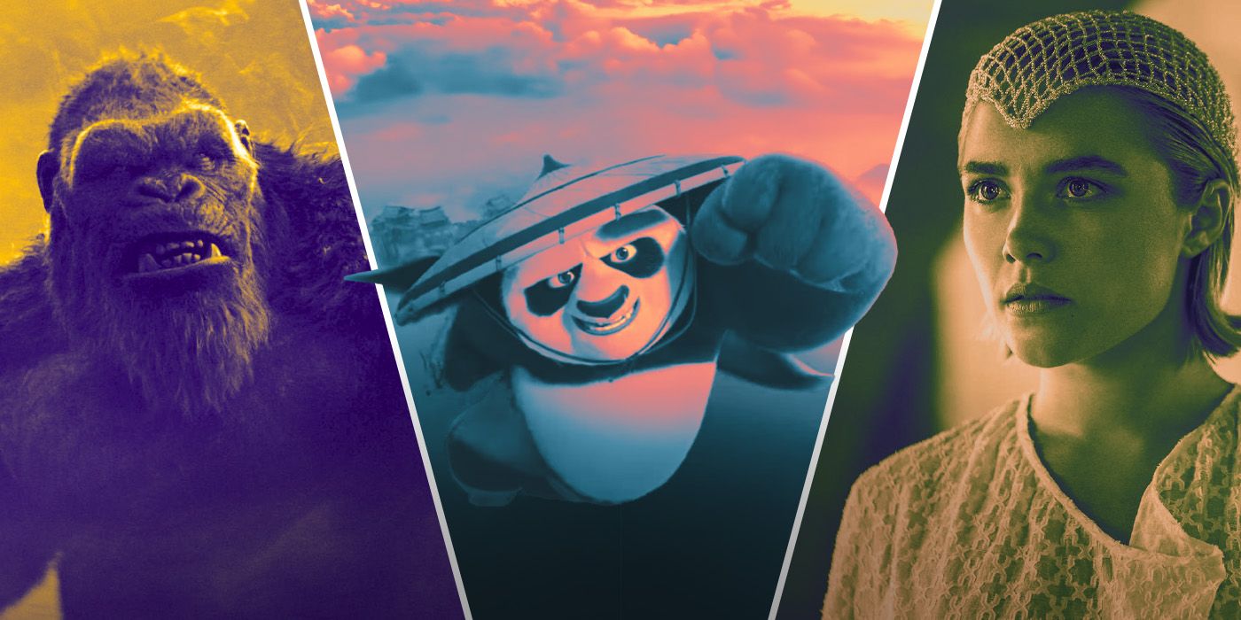 An edited image of three movies including Po in Kung Fu Panda, Florence Pugh in Dune: Part Two, and Kong in Godzilla x Kong