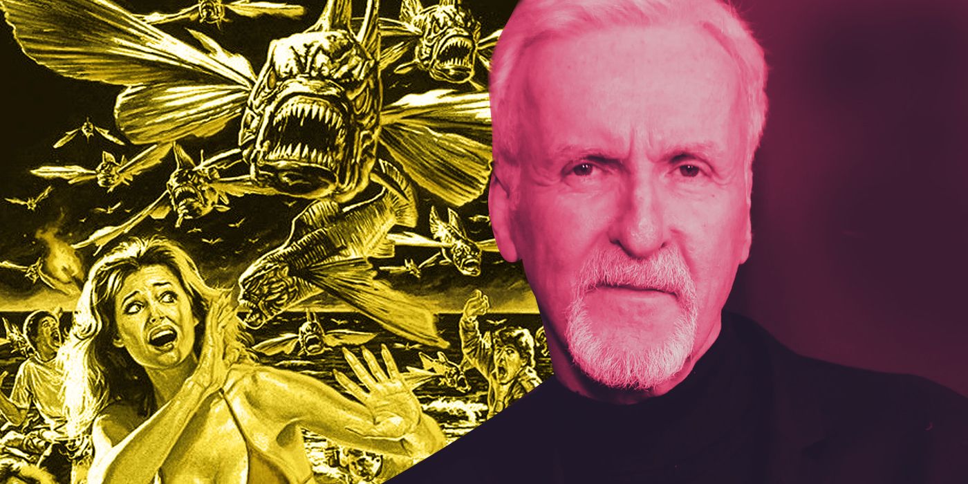 An edited image of James Cameron looking directly at a camera with a Piranha II poster next to him
